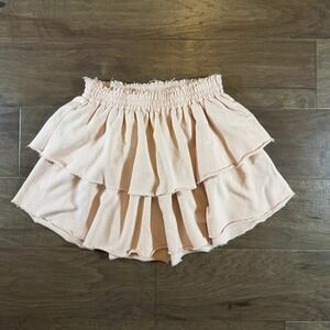 Aerie Womens Small Pink Cotton Terry Ruffle Tiered Mini Skirt Raw Hem Smocked